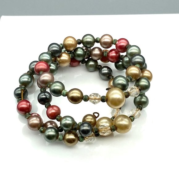 Colorful Faux Pearl Bracelet, Memory Wire 4 Wraps with Multicolored Beads - Picture 4 of 5